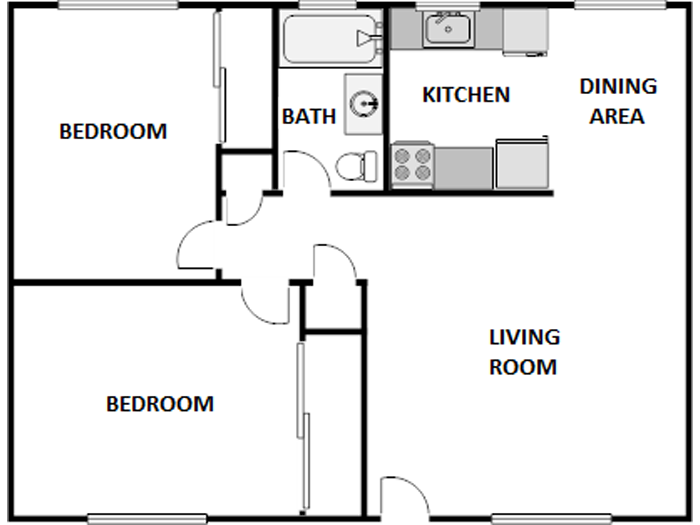 Floor plan for 2 beds, 1 bath, 800 sqft